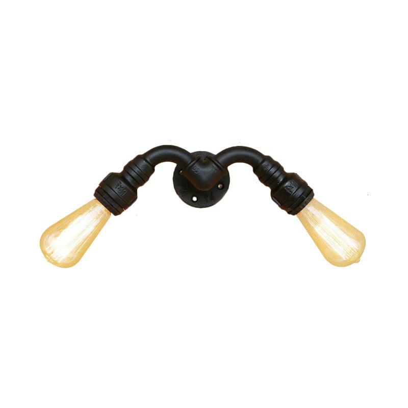 Avtoit | Vintage Style Bare Bulb Wall Lamp with Pipe Design 2 Heads Metal Wall Lamp in Black for Indoor