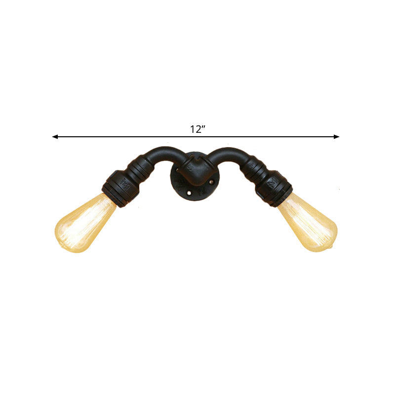 Avtoit | Vintage Style Bare Bulb Wall Lamp with Pipe Design 2 Heads Metal Wall Lamp in Black for Indoor
