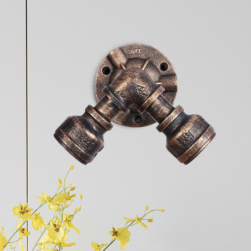 Avtoit | 2 Heads Wall Lamp Fixture with Pipe Forged Iron Shade Rustic Style Living Room Wall Lamp Light in Aged Bronze