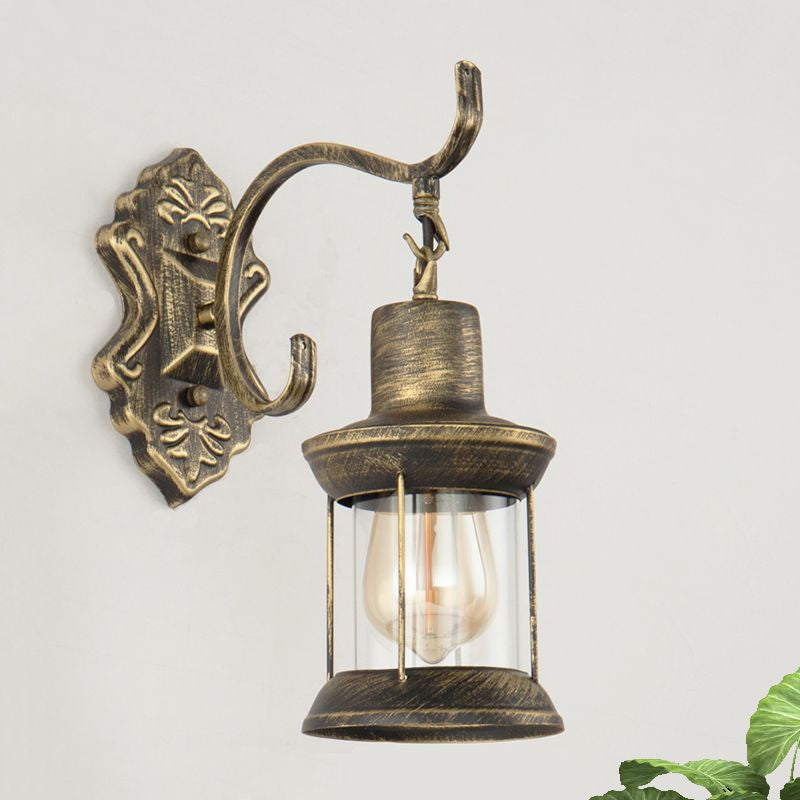 Avtoit | 1 Light Bulb Kerosene Wall Mounted Light Rustic Style Aged Bronze Clear Glass Lighting with Engraved Pattern