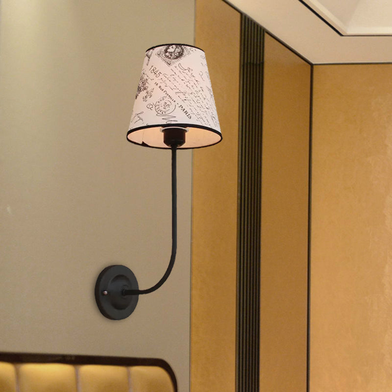 Avtoit | Vintage Conical Wall Lamp 1 Head Fabric and Metal Wall Mount Fixture with Curved Arm in White