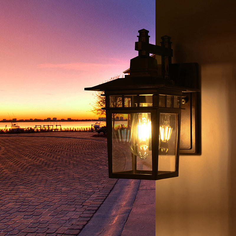 Avtoit | Lantern Clear Glass Wall Hanging Lamp Industrial Single Bulb Veranda Wall Light in Black