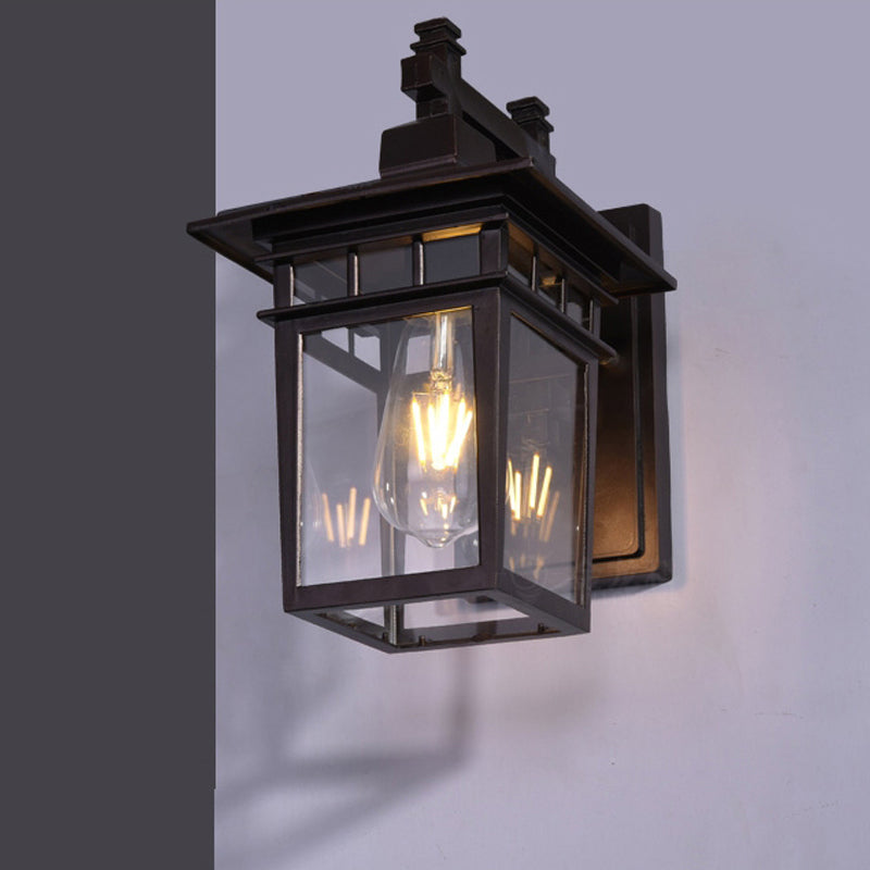 Avtoit | Lantern Clear Glass Wall Hanging Lamp Industrial Single Bulb Veranda Wall Light in Black