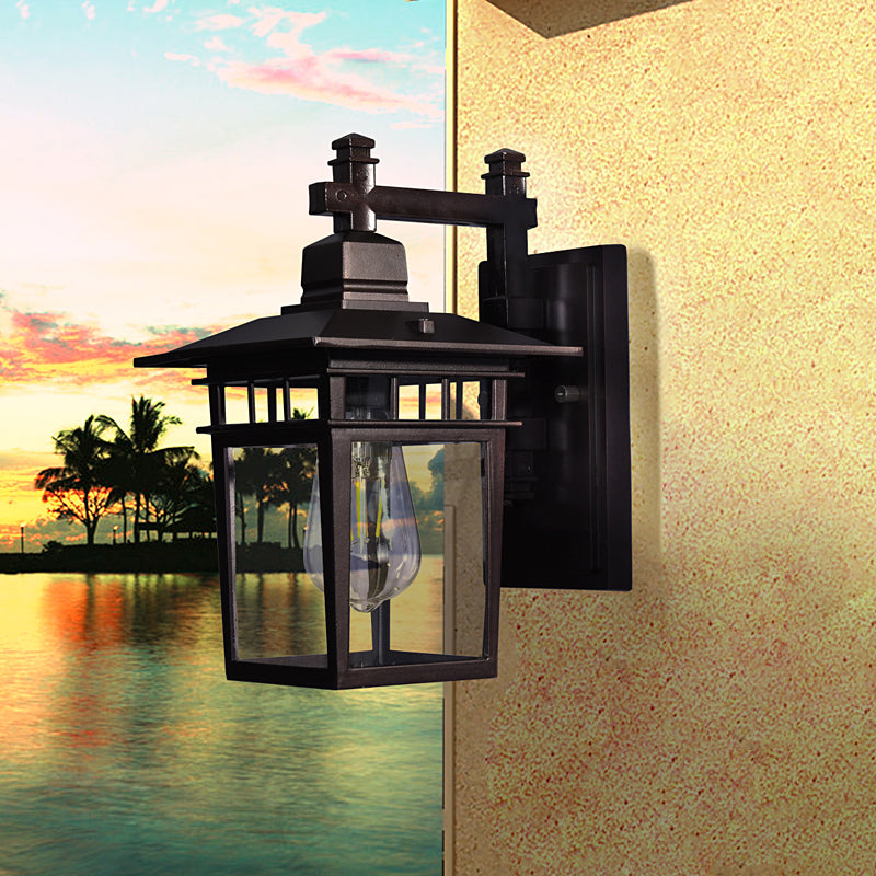 Avtoit | Lantern Clear Glass Wall Hanging Lamp Industrial Single Bulb Veranda Wall Light in Black