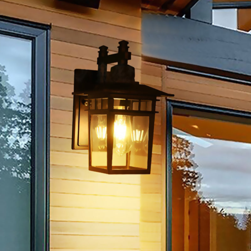 Avtoit | Lantern Clear Glass Wall Hanging Lamp Industrial Single Bulb Veranda Wall Light in Black