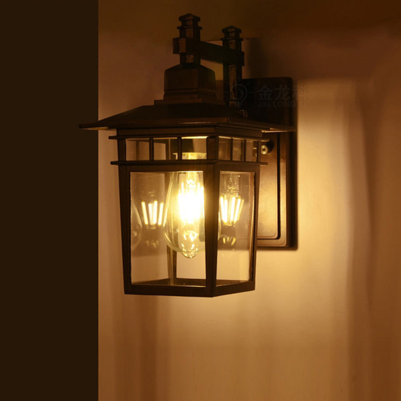 Avtoit | Lantern Clear Glass Wall Hanging Lamp Industrial Single Bulb Veranda Wall Light in Black