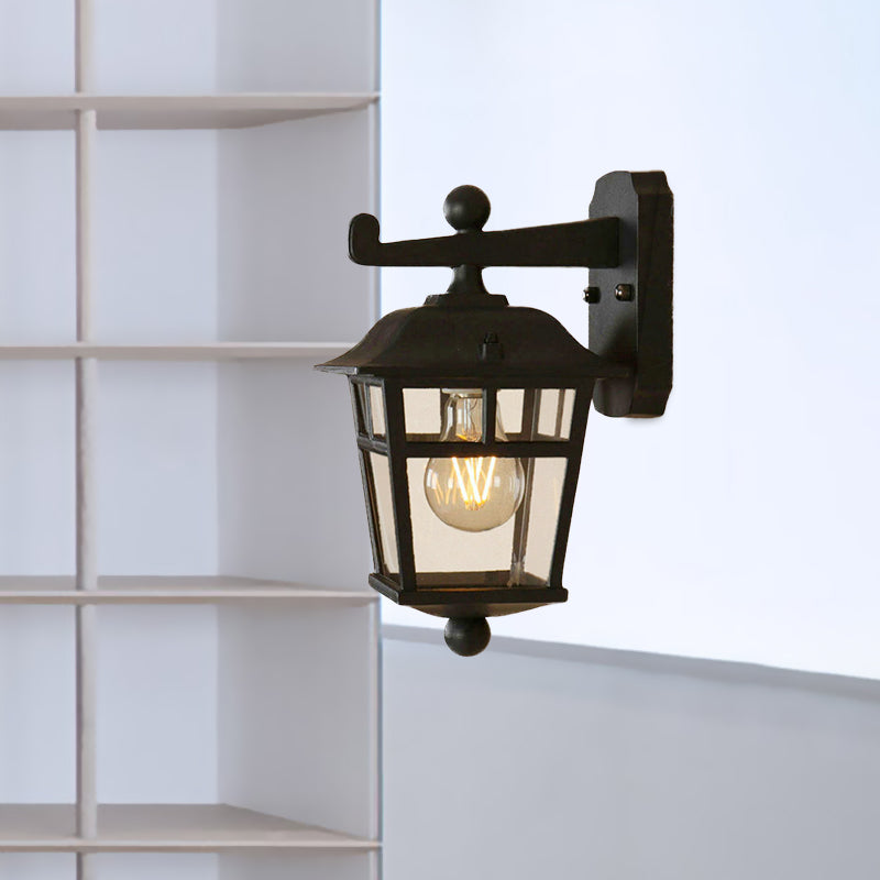 Avtoit | Lantern Clear Glass Wall Hanging Lamp Industrial Single Bulb Veranda Wall Light in Black