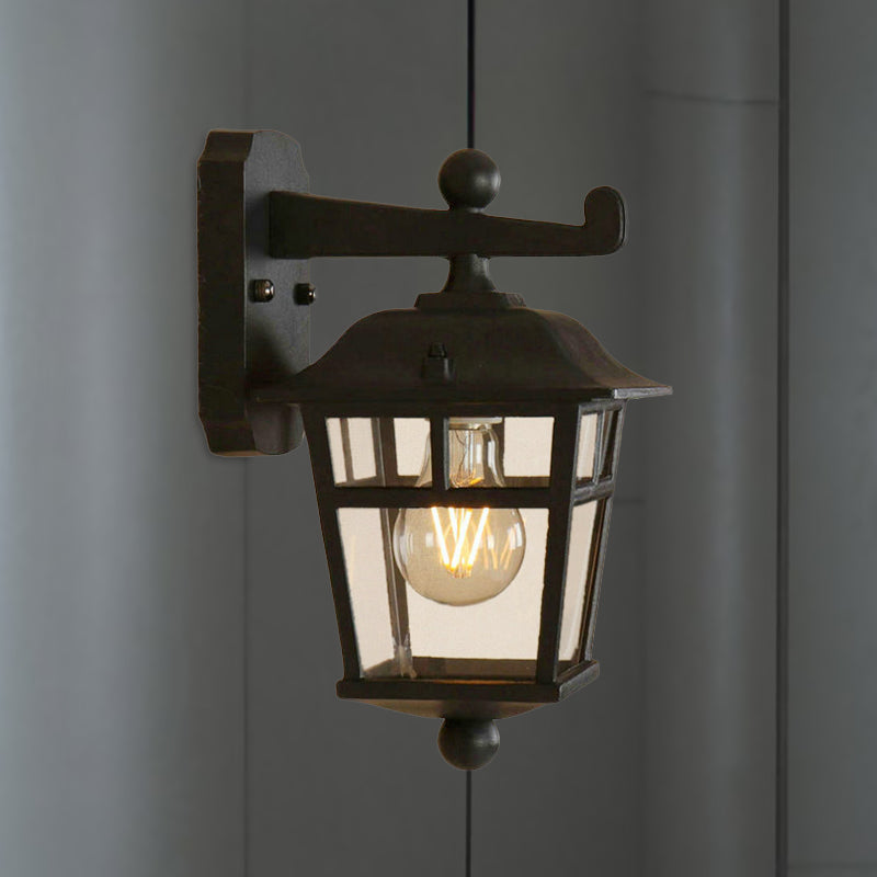 Avtoit | Lantern Clear Glass Wall Hanging Lamp Industrial Single Bulb Veranda Wall Light in Black