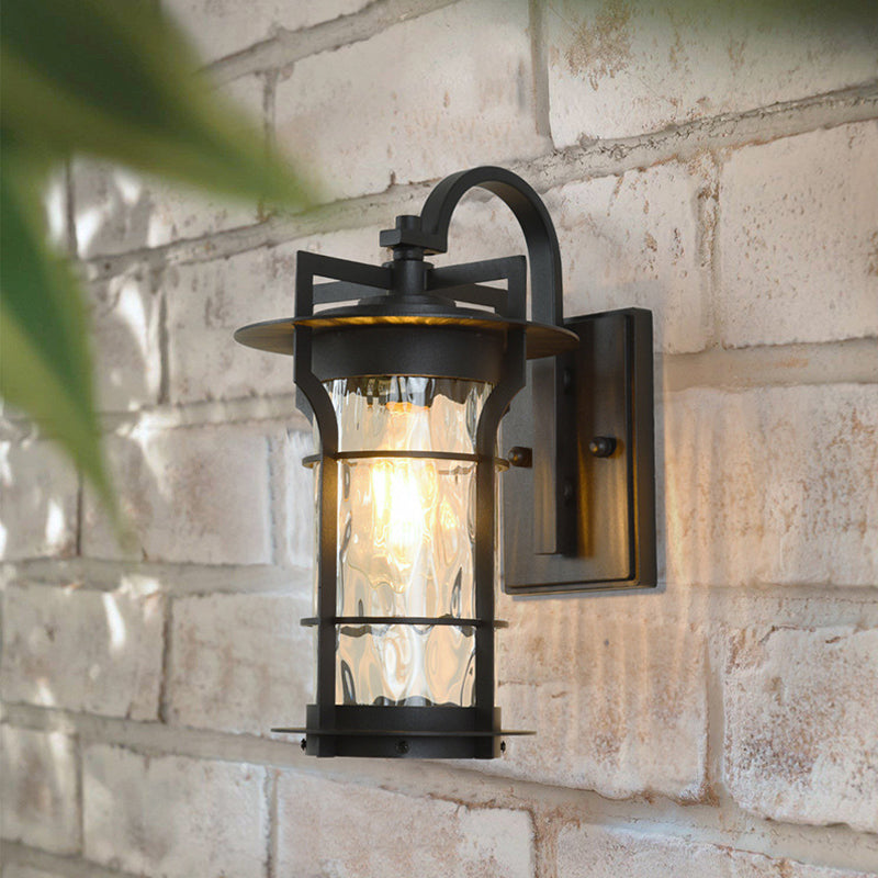 Avtoit | Clear Glass Black Wall Light Square/Rectangle 1-Light Coastal Wall Lamp Fixture with Iron Cage
