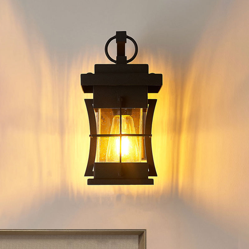 Avtoit | Clear Glass Black Wall Light Square/Rectangle 1-Light Coastal Wall Lamp Fixture with Iron Cage