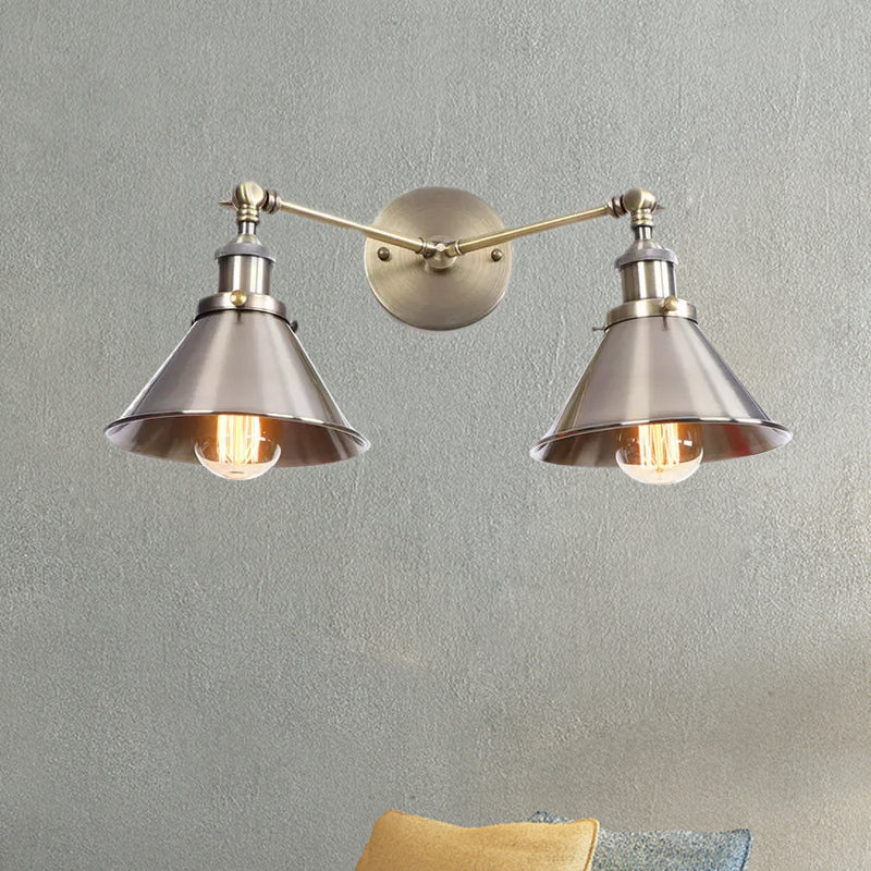 Avtoit | Tapered Umbrella Iron Wall Mount Light Industrial Vintage 2 Heads Farmhouse Wall Mount Light in Black/Brass