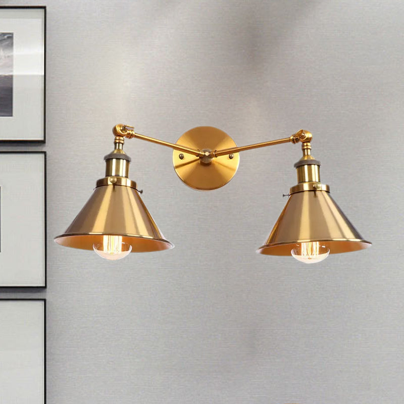 Avtoit | Tapered Umbrella Iron Wall Mount Light Industrial Vintage 2 Heads Farmhouse Wall Mount Light in Black/Brass