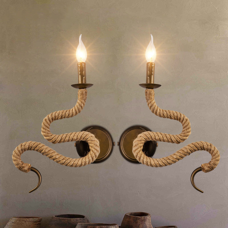 Avtoit | Candle Holder Ropestone Wall Lamp with Curved Design Vintage 1 Light Bedroom Wall Mounted Lamp in Bronze