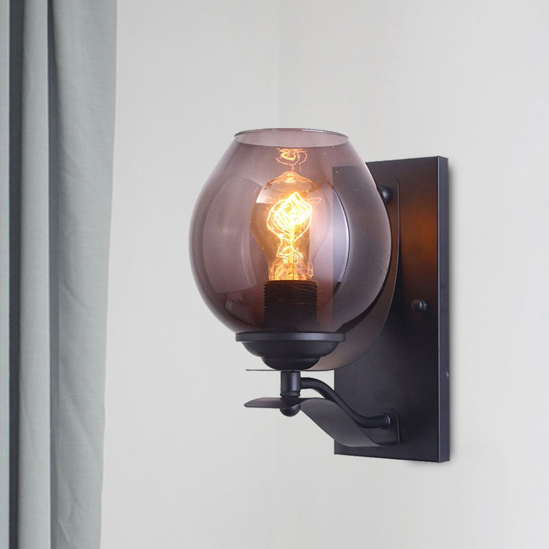 Avtoit | A light wall lamp with ball shade gray glass industrial café lighting fixture in black