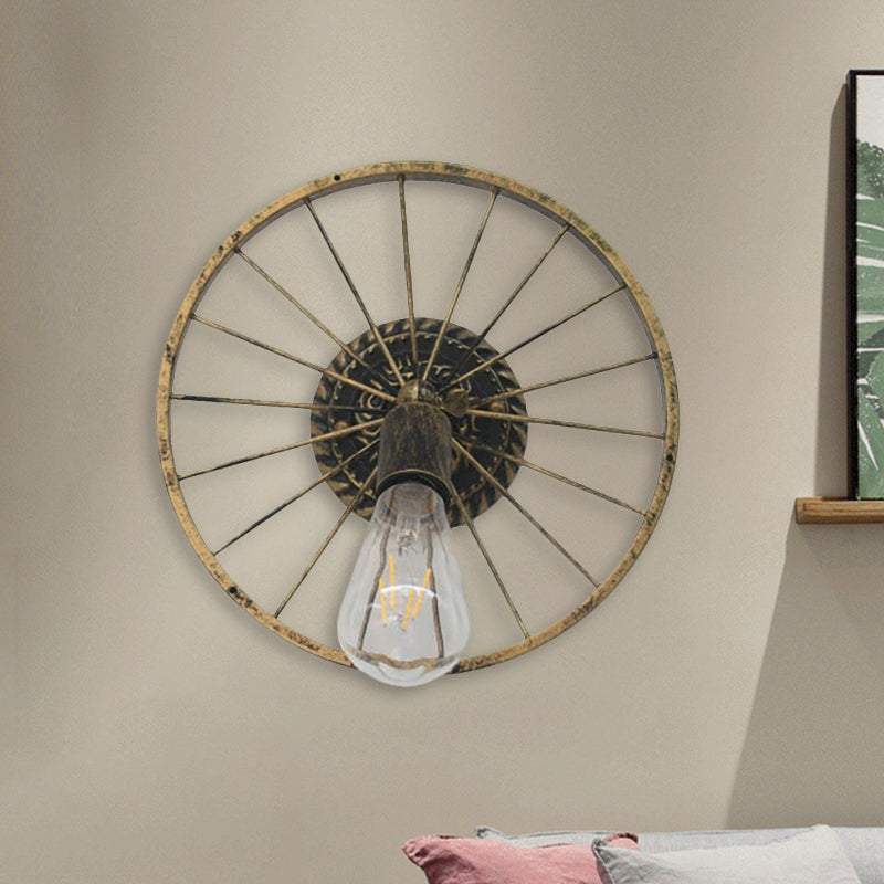 Avtoit | Black/Bronze Wheel Design Wall Sconce Lamp with Open Bulb Farmhouse Style Metal 1 Light Restaurant Sconce Light