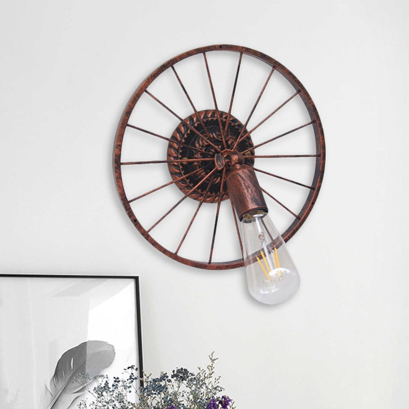 Avtoit | Black/Bronze Wheel Design Wall Sconce Lamp with Open Bulb Farmhouse Style Metal 1 Light Restaurant Sconce Light