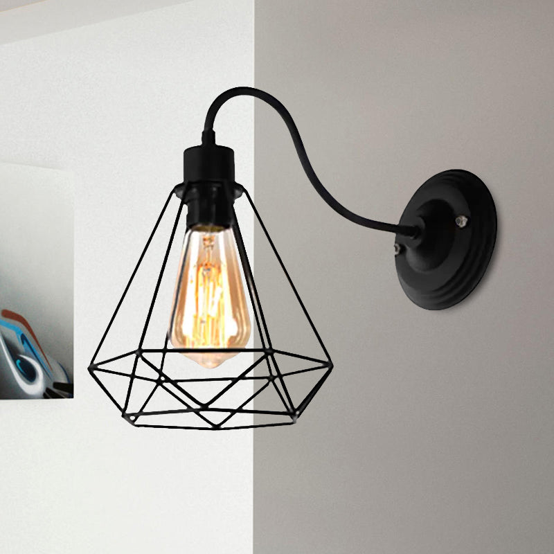 Avtoit | Black 1 Light Wall Lamp Retro Style Metal Diamond/Star Wall Light with Cage Shade for Café