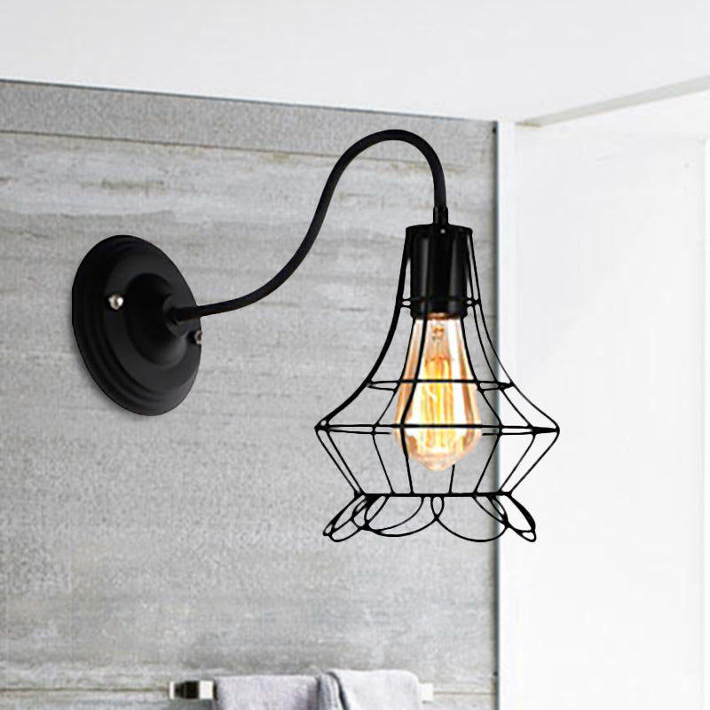 Avtoit | Black 1 Light Wall Lamp Retro Style Metal Diamond/Star Wall Light with Cage Shade for Café