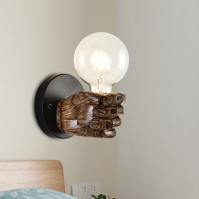 Avtoit | Brown Hand Wall Lamp Single Light Retro Wood Wall Lamp with Globe Bulb for Hallway