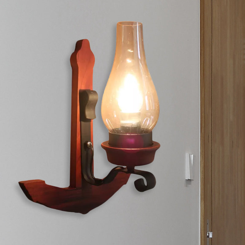 Avtoit | Vase Porch Wall Lamp Light Fixture Industrial Clear Glass Red Colored Wall Lamp with Wooden Back Plate