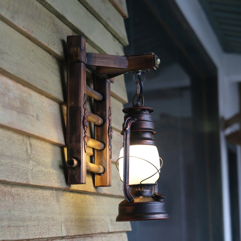 Avtoit | Antique Copper Cylinder Wall Lighting Vintage Clear Glass 1 Light Porch Sconces Light with Cage and Wooden Backplate