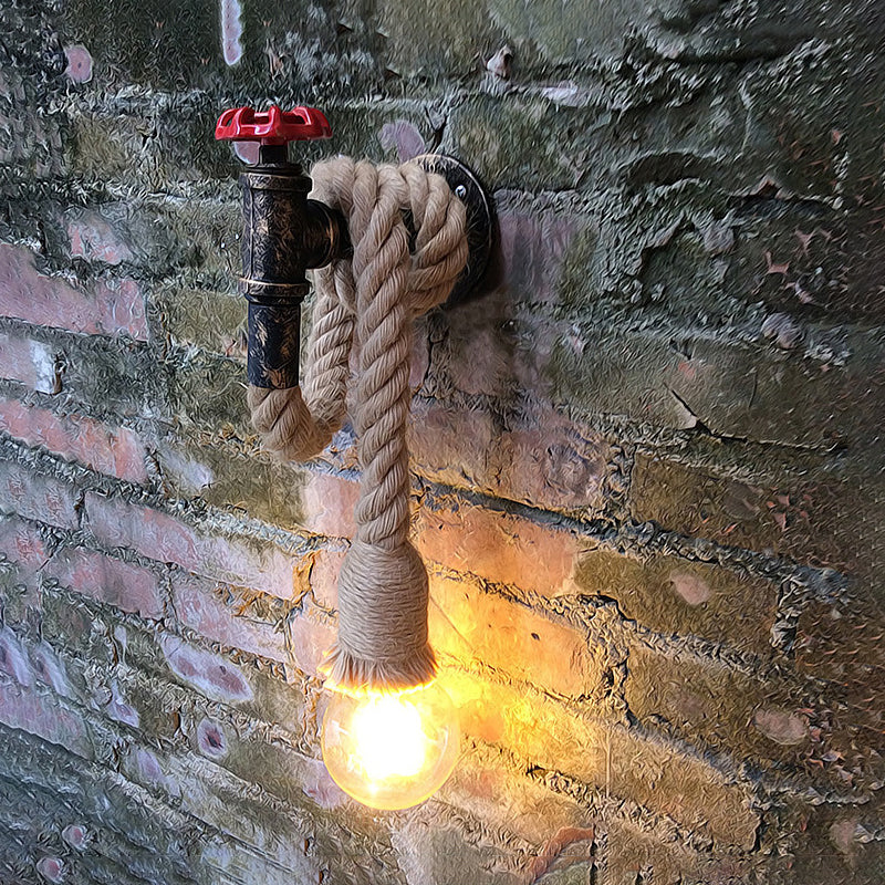 Avtoit | Water Pipe Metal Wall Light Lodge Style 1 Bulb Wall Lamp with Hanging Rope in Beige