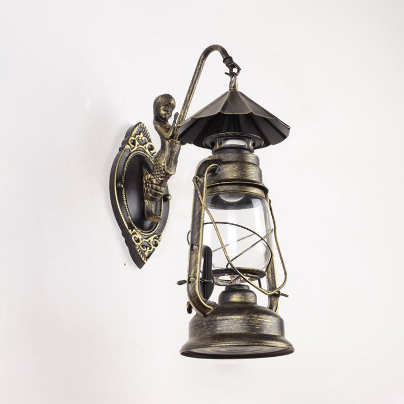 Avtoit | Kerosene Clear Glass Wall Lamp Coast Single Bulb Living Room Sconces Lamp in Black/Antique Brass