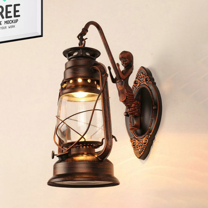 Avtoit | One Bulb Wall Lamp with Lantern Shade Clear Glass Coast Bedroom Wall Lamp in Black/Antique Brass/Aged Copper with Mermaid