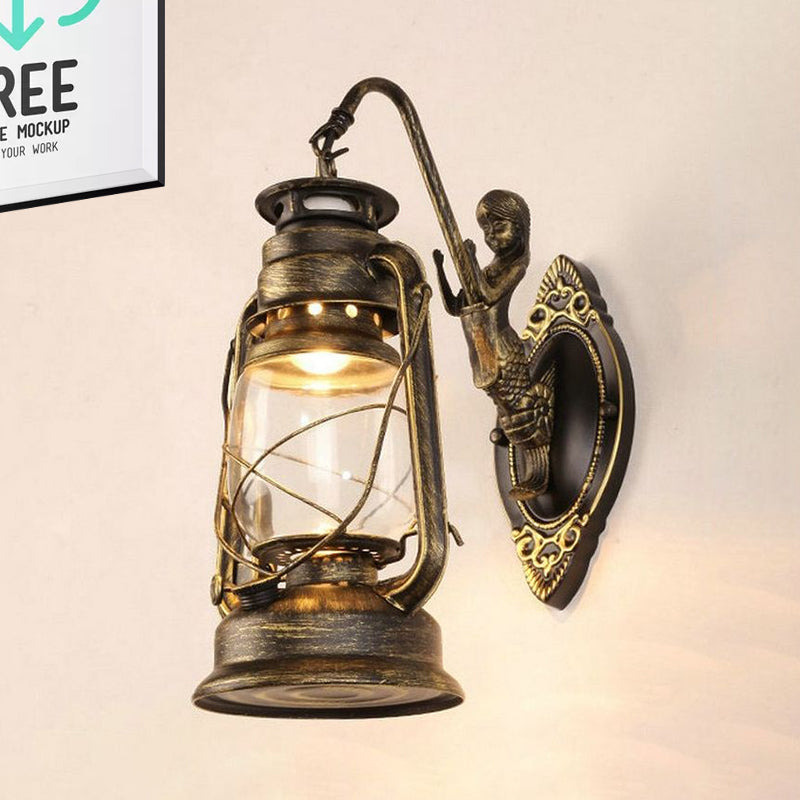Avtoit | One Bulb Wall Lamp with Lantern Shade Clear Glass Coast Bedroom Wall Lamp in Black/Antique Brass/Aged Copper with Mermaid