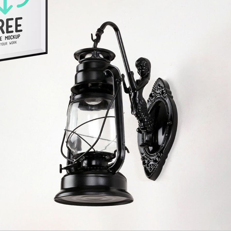 Avtoit | One Bulb Wall Lamp with Lantern Shade Clear Glass Coast Bedroom Wall Lamp in Black/Antique Brass/Aged Copper with Mermaid