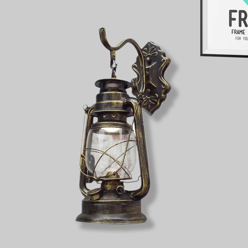 Avtoit | Clear Glass Black/Antique Brass Wall Lamp Lantern 1-Light Coastal Light for Veranda