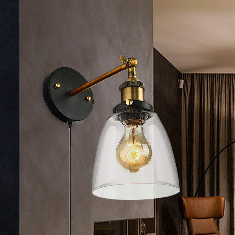 Avtoit | Tapered Bedroom Wall Light Lighting Decoration Rustic Clear Glass 1 Light Black Wall Lamp with Plug Cable