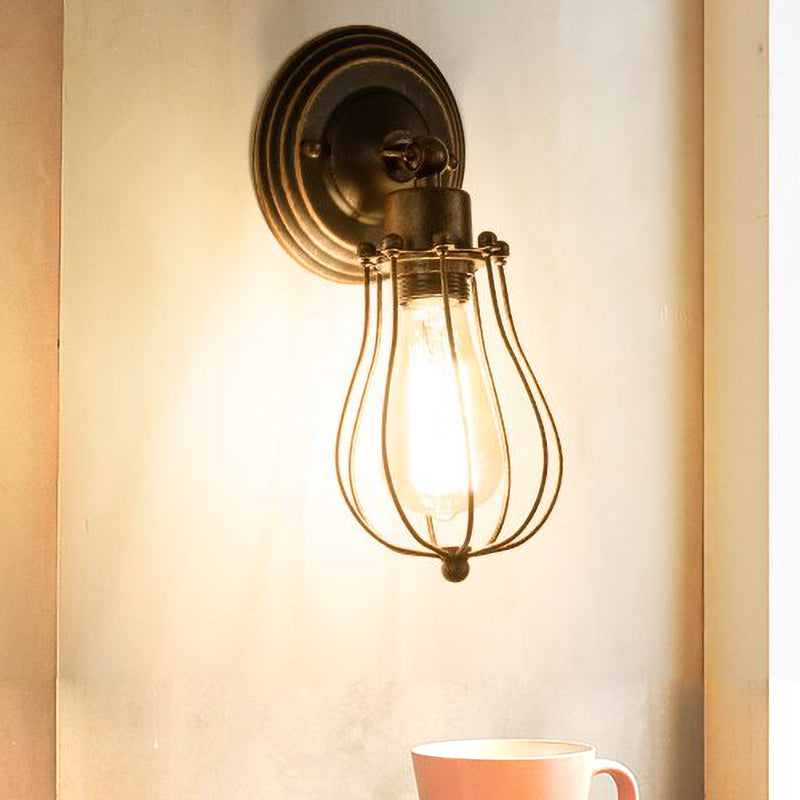 Avtoit | 1 Head Iron Wall Lamp Farmhouse Style Dark Rust Wire Protection Café Mini Wall Light