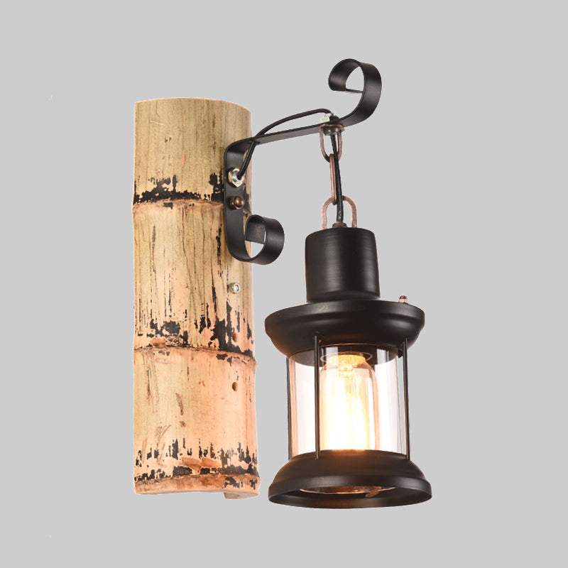 Avtoit | A wall lamp with a clear glass lantern in industrial style, wall lamp for the dining room in black with a bamboo backplate