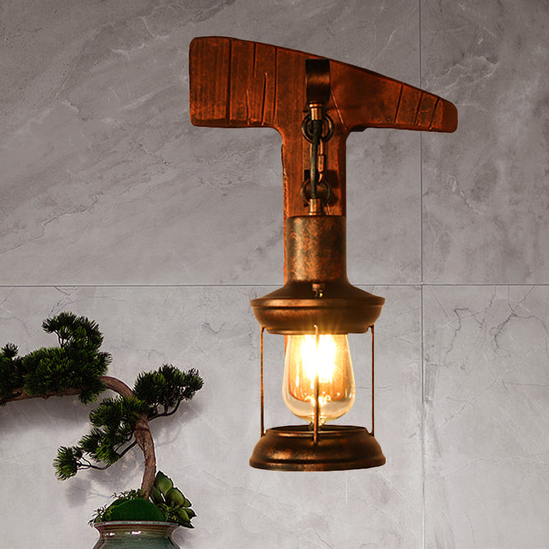Avtoit | Rust One-Light Wall Light Coastal Clear Glass Lantern Lighting Fixture with Wood Back Plate