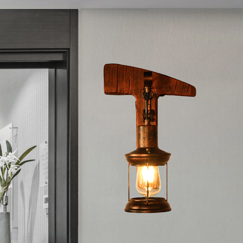 Avtoit | Rust One-Light Wall Light Coastal Clear Glass Lantern Lighting Fixture with Wood Back Plate