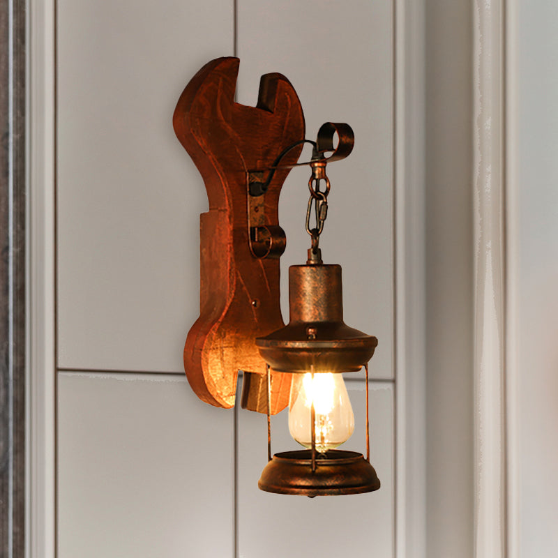 Avtoit | Rust One-Light Wall Light Coastal Clear Glass Lantern Lighting Fixture with Wood Back Plate