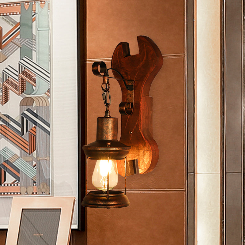 Avtoit | Rust One-Light Wall Light Coastal Clear Glass Lantern Lighting Fixture with Wood Back Plate