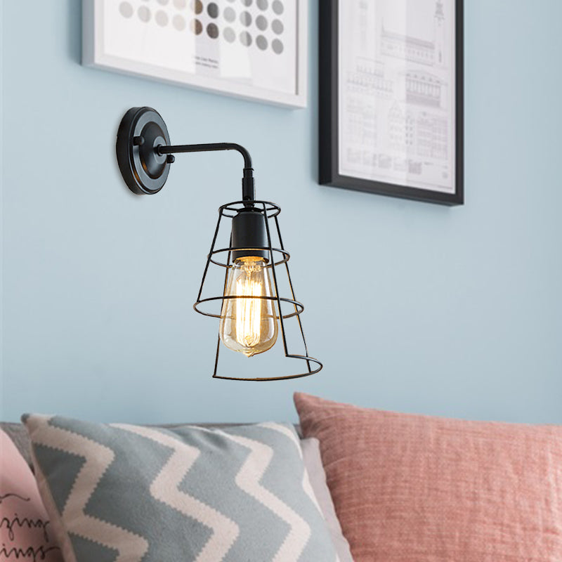 Avtoit | Vintage Style Conic Cage Wall Lamp with Curved Arm 1 Light Metal Wall Lamp in Black/White