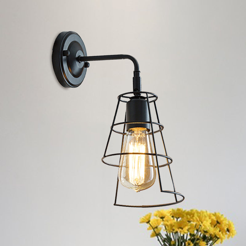 Avtoit | Vintage Style Conic Cage Wall Lamp with Curved Arm 1 Light Metal Wall Lamp in Black/White
