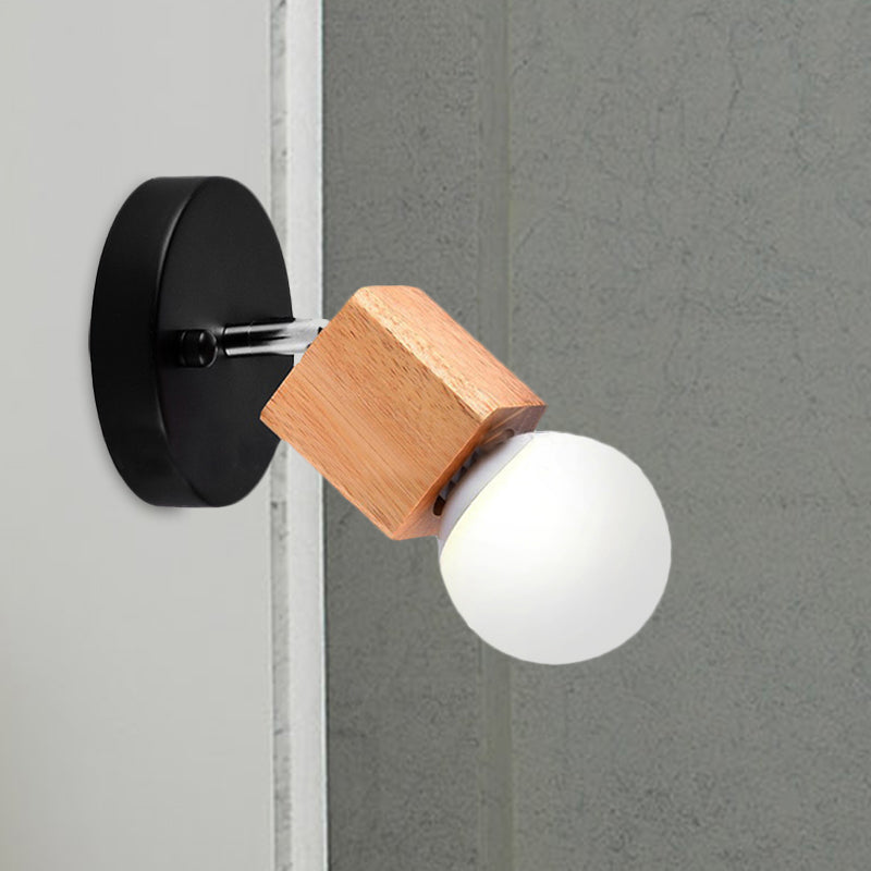 Avtoit | Black/White 1 Head Wall Lamp Sconces Industrial Style Wooden Square Wall Mount Light with Circular Wall Plate