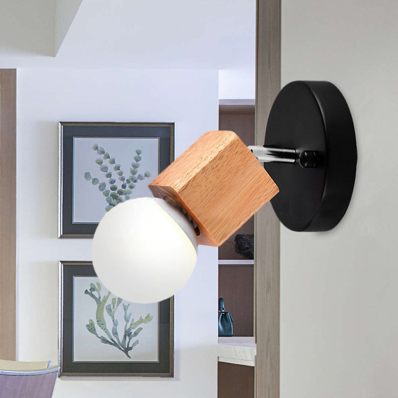 Avtoit | Black/White 1 Head Wall Lamp Sconces Industrial Style Wooden Square Wall Mount Light with Circular Wall Plate