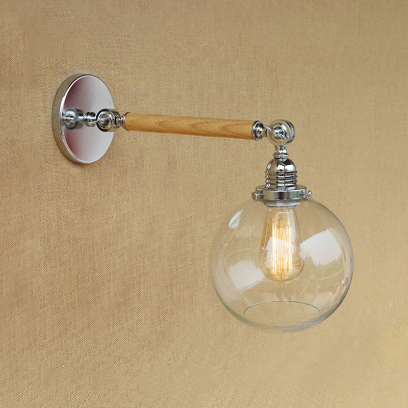 Avtoit | Vintage Orb Wall Light Fixture 1 Lamp Clear Glass Wall Lamp in Chrome for Bathroom, 8"/4"/6" Wide Wooden Arm