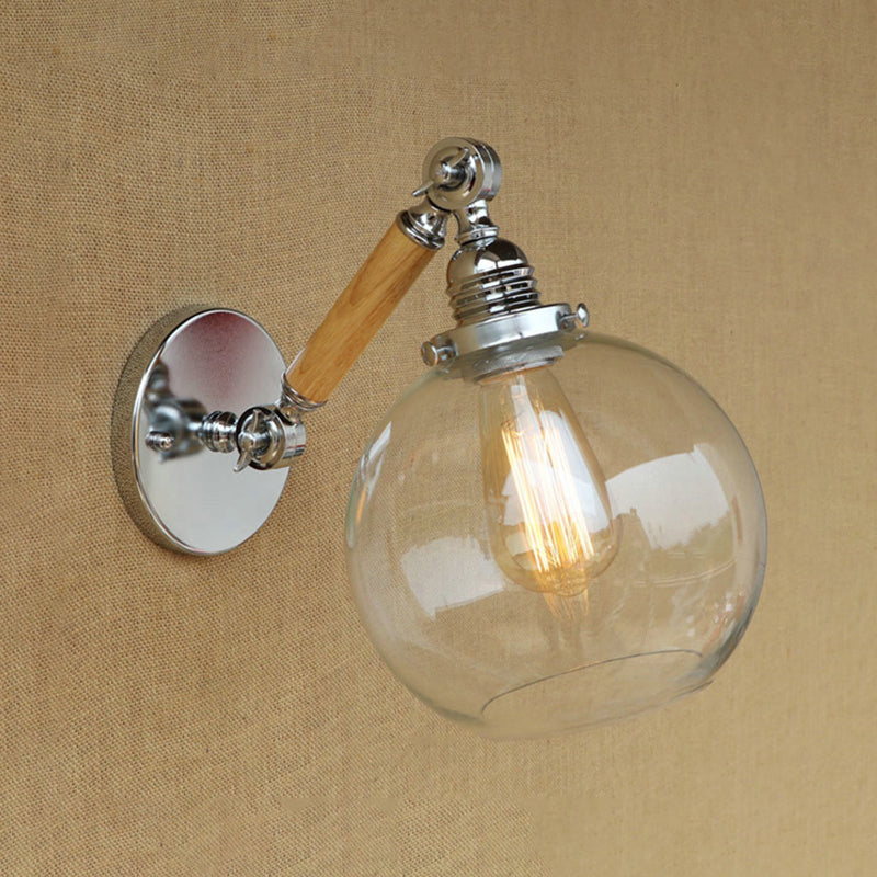 Avtoit | Vintage Orb Wall Light Fixture 1 Lamp Clear Glass Wall Lamp in Chrome for Bathroom, 8"/4"/6" Wide Wooden Arm