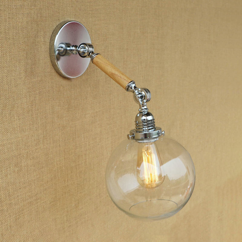 Avtoit | Vintage Orb Wall Light Fixture 1 Lamp Clear Glass Wall Lamp in Chrome for Bathroom, 8"/4"/6" Wide Wooden Arm