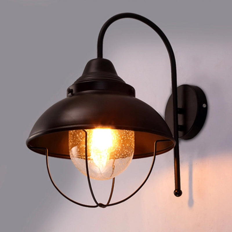 Avtoit | Farmhouse Dome Wall Lamp 1 Light Metal Wall Lighting with Cage and Sawed Glass Shade in Black