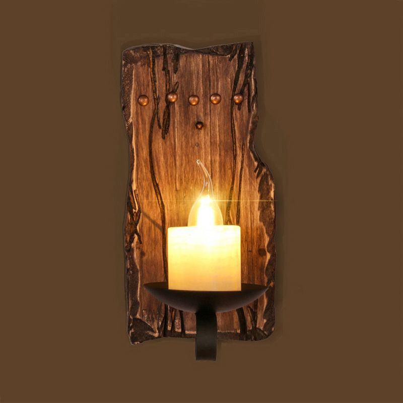 Avtoit | Cylinder Coffee Shop Wall Light Fixture Artificial Marble 1 Light Brown Wall Lamp with Wood Semi-Cap/Base/Rectangle Base