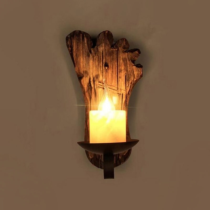 Avtoit | Cylinder Coffee Shop Wall Light Fixture Artificial Marble 1 Light Brown Wall Lamp with Wood Semi-Cap/Base/Rectangle Base