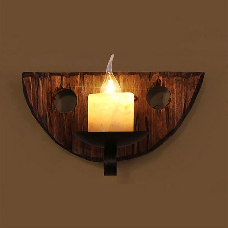 Avtoit | Cylinder Coffee Shop Wall Light Fixture Artificial Marble 1 Light Brown Wall Lamp with Wood Semi-Cap/Base/Rectangle Base