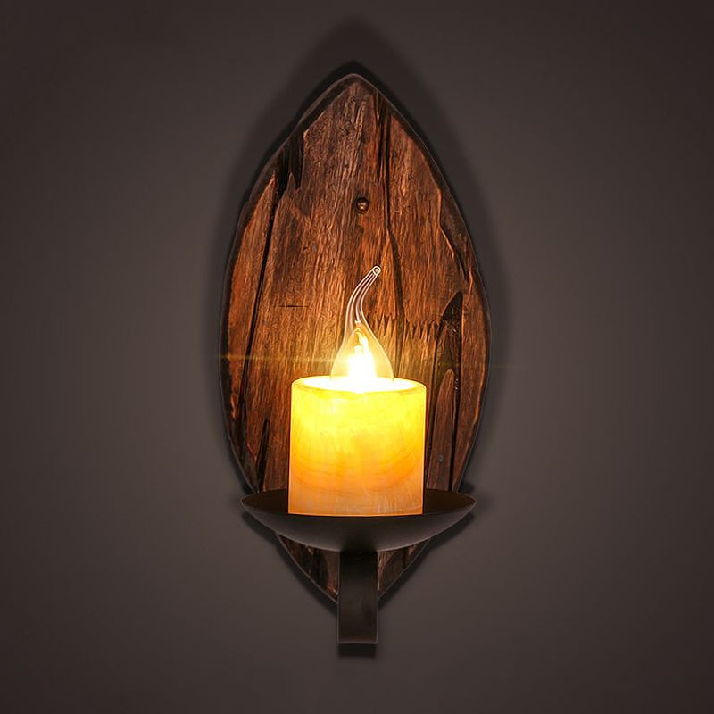 Avtoit | Cylinder Coffee Shop Wall Light Fixture Artificial Marble 1 Light Brown Wall Lamp with Wood Semi-Cap/Base/Rectangle Base